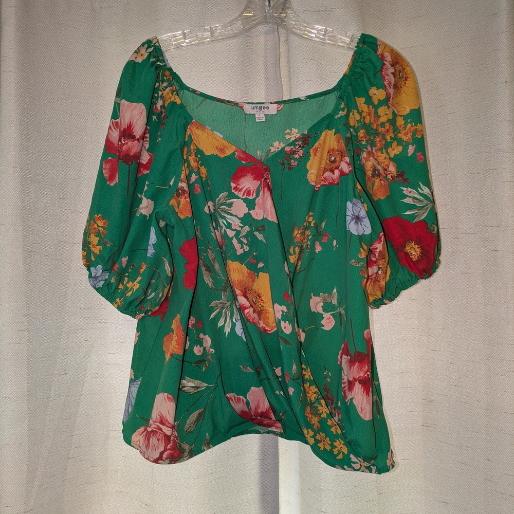 Umgee Floral Green Blouse Short Bubble Sleeve Draped Fitted At Waist Large